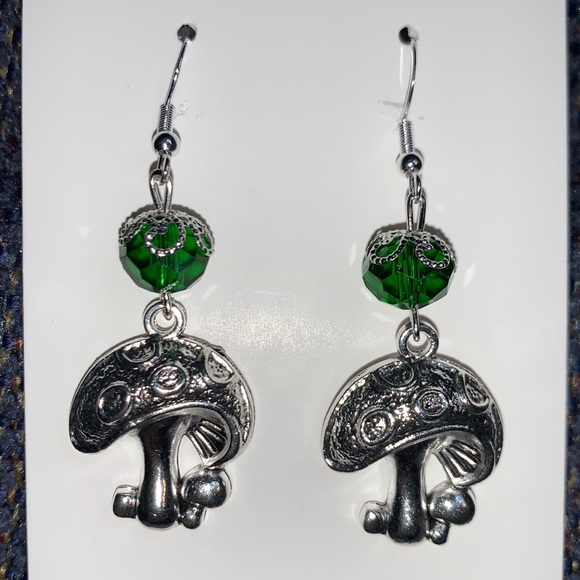 Hand Crafted 💚 Mushroom Charm and Green Bead Dangling Fishhook Earrings - Picture 7 of 11